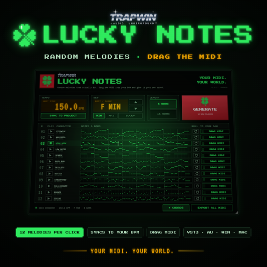 TrapWin Lucky Notes - random MIDI melody generator plugin, 12 melodies per click