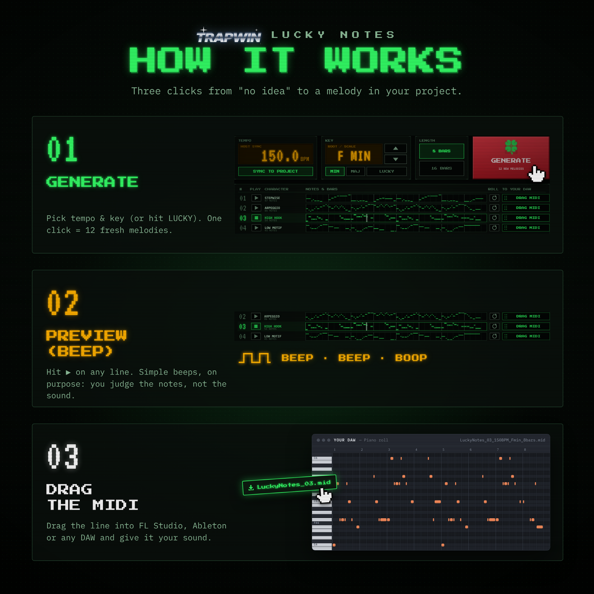 How Lucky Notes works: generate, preview the beep, drag the MIDI into your DAW