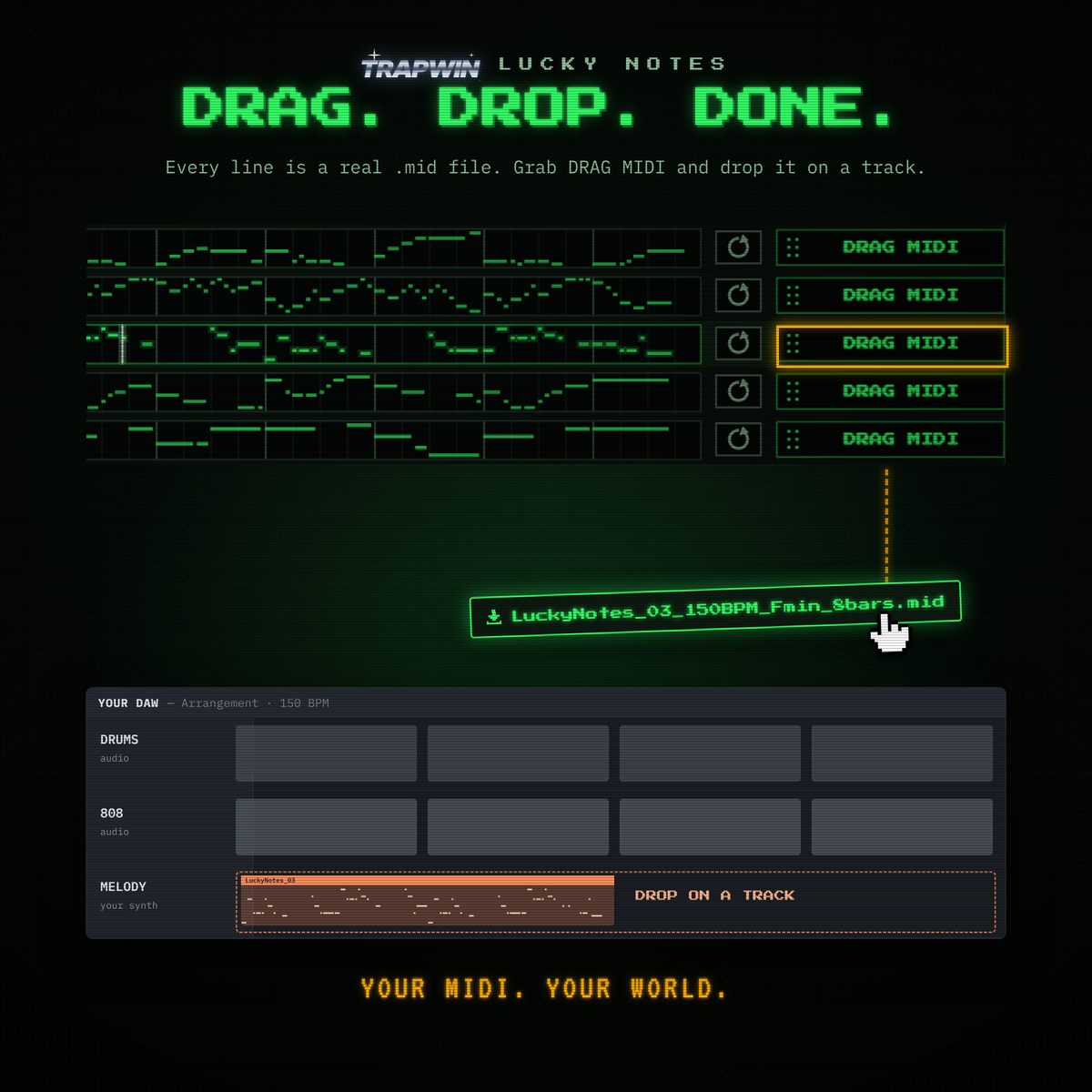 Drag a Lucky Notes melody as a MIDI file onto a track in your DAW