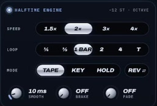 Halftime engine: speed 2×, loop 1 bar, Tape mode